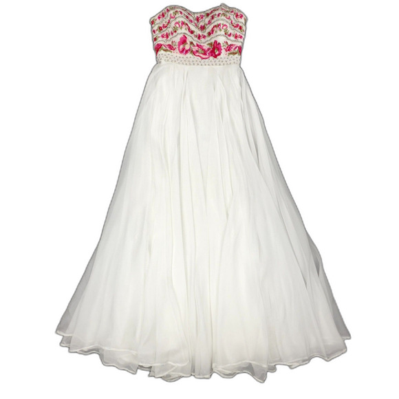 SHERRI HILL Strapless Chiffon Rhinestone Embroidery Embellished Prom Gown White - Picture 1 of 9